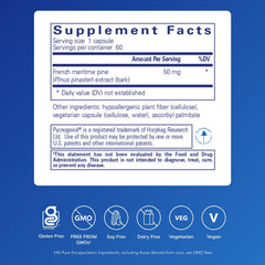 Pure Encapsulations Pycnogenol 60 capsules label showing antioxidant content and allergen-free features.