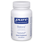 Pure Encapsulations Relora bottle on a calm desk, suggesting stress support for daily life.