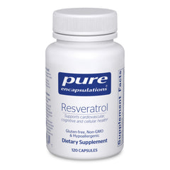Pure Encapsulations Resveratrol bottle label shows 40 mg trans-resveratrol for antioxidant support.