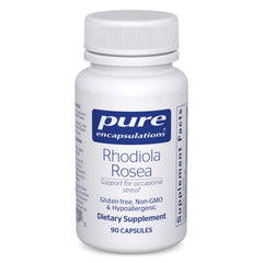Pure Encapsulations Rhodiola Rosea bottle showing gluten-free adaptogen support for occasional stress relief