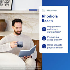 Pure Encapsulations Rhodiola Rosea packaging close-up highlights standardized rosavins and salidroside for consistent support