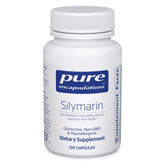 Pure Encapsulations Silymarin bottle highlights a liver-support supplement for daily use.