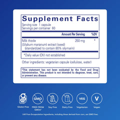 Pure Encapsulations Silymarin bottle label closeup shows ingredients and dosage.
