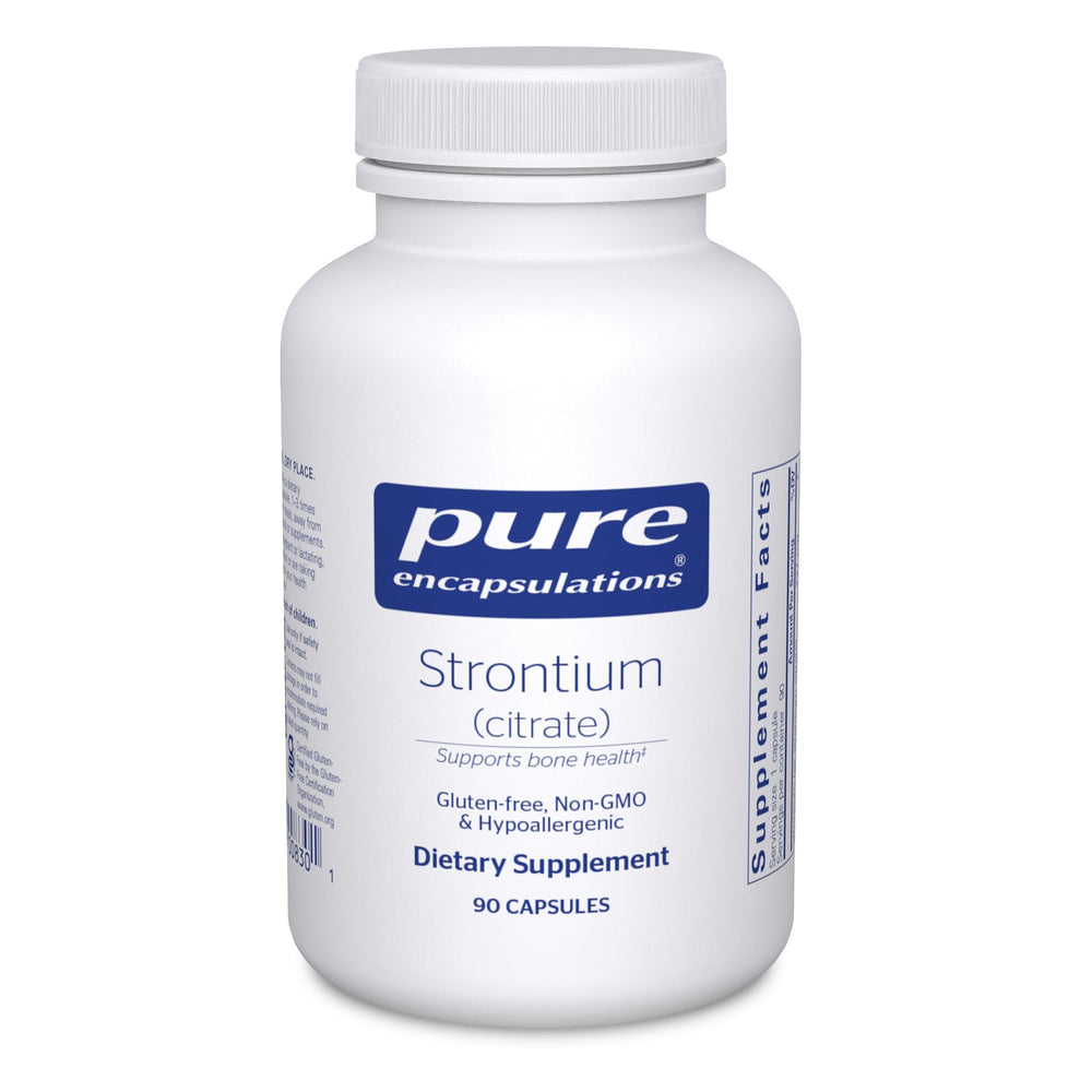 Pure Encapsulations Strontium Citrate bottle front, highlighting hypoallergenic bone support.