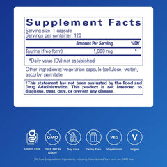 Pure Encapsulations Taurine bottle label; clear dosage supports convenient daily use.