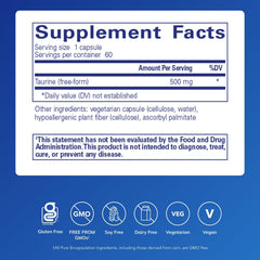 Pure Encapsulations Taurine 500 mg label close-up shows purity and potency