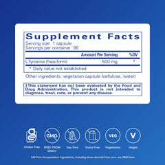 Pure Encapsulations L-Tyrosine capsules closeup highlights 500 mg free-form tyrosine for memory support.