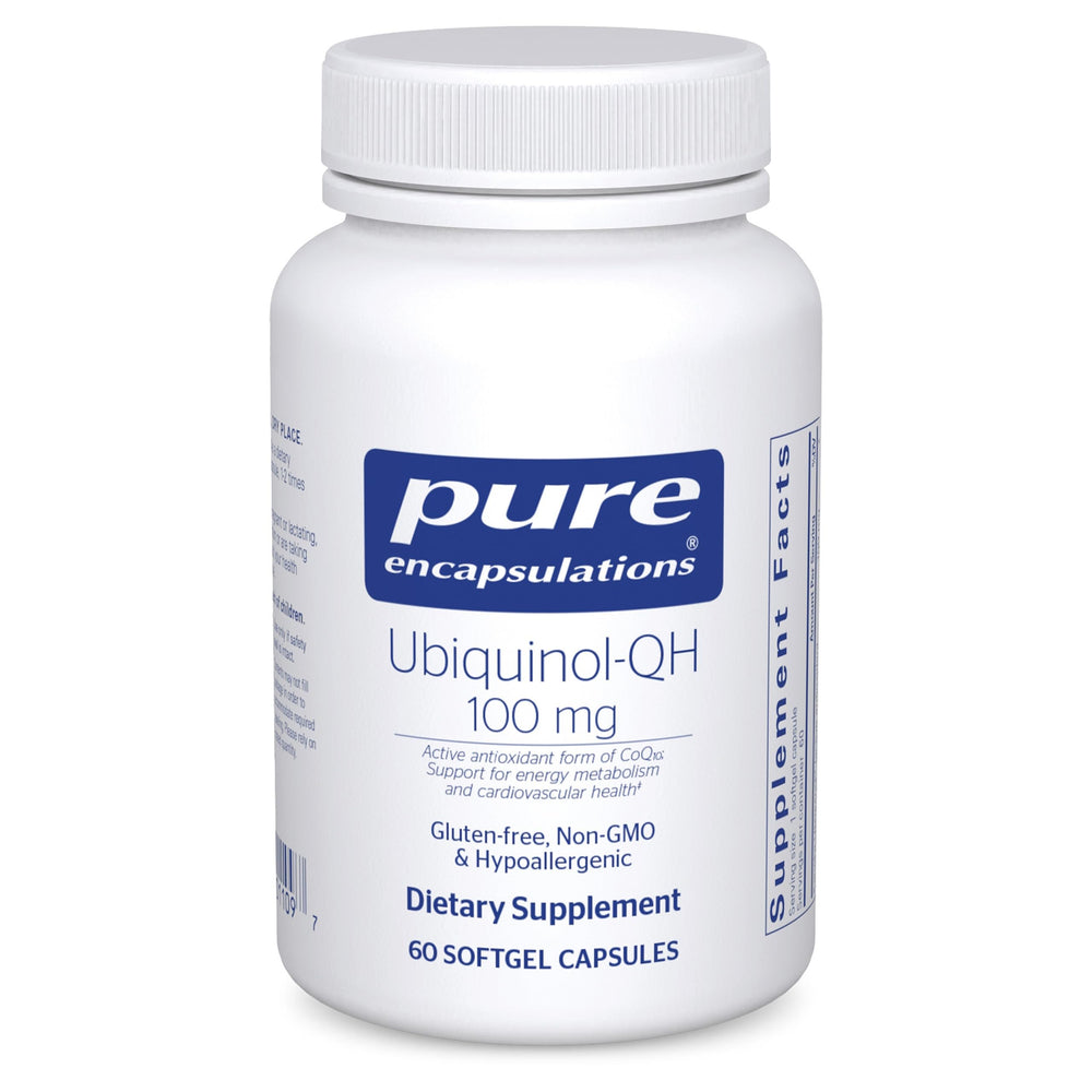 Pure Encapsulations Ubiquinol-QH softgel bottle showing 60 capsules for energy metabolism support.