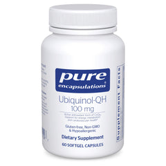 Pure Encapsulations Ubiquinol-QH softgel bottle showing 60 capsules for energy metabolism support.