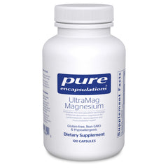 Pure Encapsulations UltraMag bottle and capsules showcasing the mineral supplement.