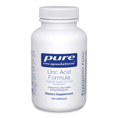 Pure Encapsulations Uric Acid Formula bottle shows premium hypoallergenic supplement for healthy metabolism.