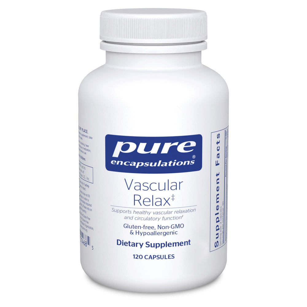 Pure Encapsulations Vascular Relax capsules on bottle, supports healthy circulatory function.