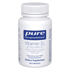 Pure Encapsulations Vitamin D3 1000 IU bottle front for easy daily dosing.