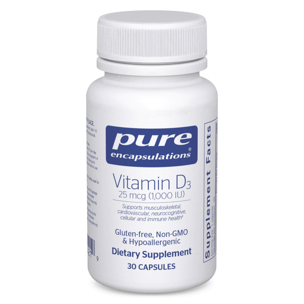 Pure Encapsulations Vitamin D3 1000 IU bottle supports bone and immune health.
