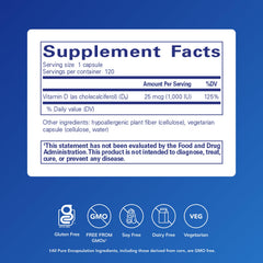 Pure Encapsulations Vitamin D3 1000 IU capsules closeup shows premium capsules.