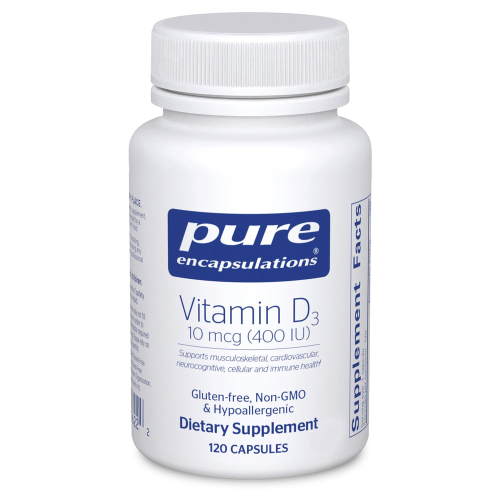Pure Encapsulations Vitamin D3 bottle with 120 capsules for daily wellness support.