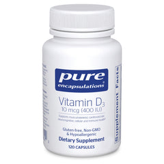 Pure Encapsulations Vitamin D3 bottle with 120 capsules for daily wellness support.