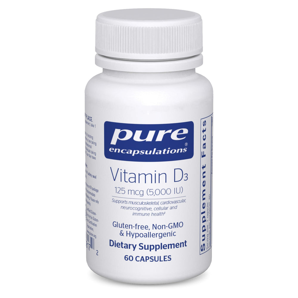 Pure Encapsulations Vitamin D3 125 mcg bottle front supports bone health with clean, trusted formula.