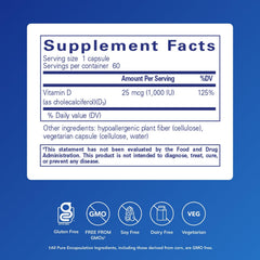 Close-up of Pure Encapsulations Vitamin D3 label highlighting 1,000 IU potency.
