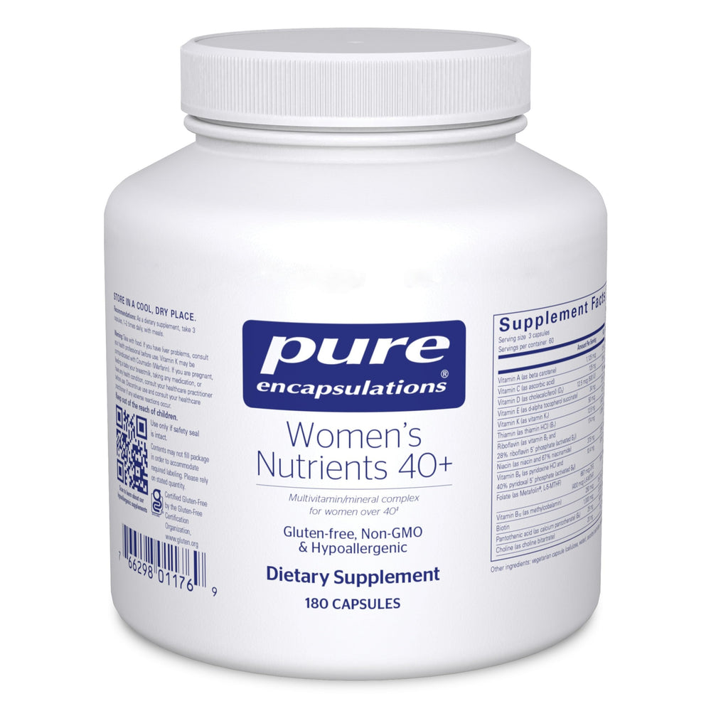 Pure Encapsulations Women's Nutrients 40+ bottle highlights daily urinary health support.