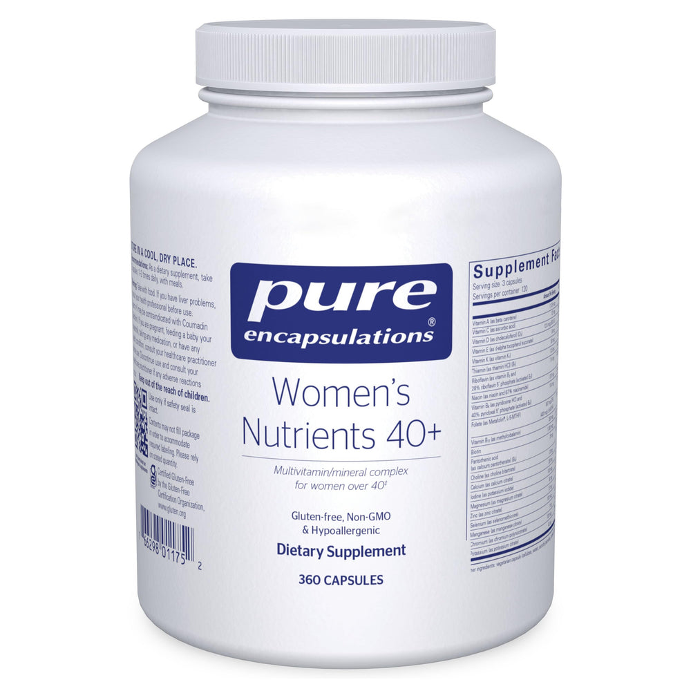 Pure Encapsulations Women's Nutrients 40+ bottle front for daily urinary tract and eye health support.