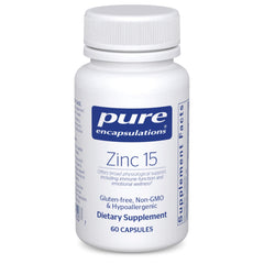 Pure Encapsulations Zinc 15 mg bottle on a shelf highlighting daily immune support.