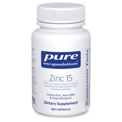 Pure Encapsulations Zinc 15 mg bottle close-up for immune support and daily wellness.