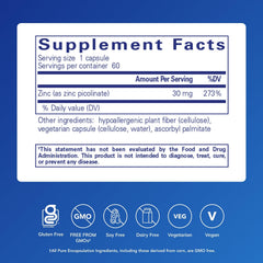 Pure Encapsulations zinc 30 mg capsules on white, highly absorbable zinc picolinate