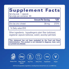 Pure Encapsulations Zinc (Citrate) bottle back label, vegan and gluten-free claim.