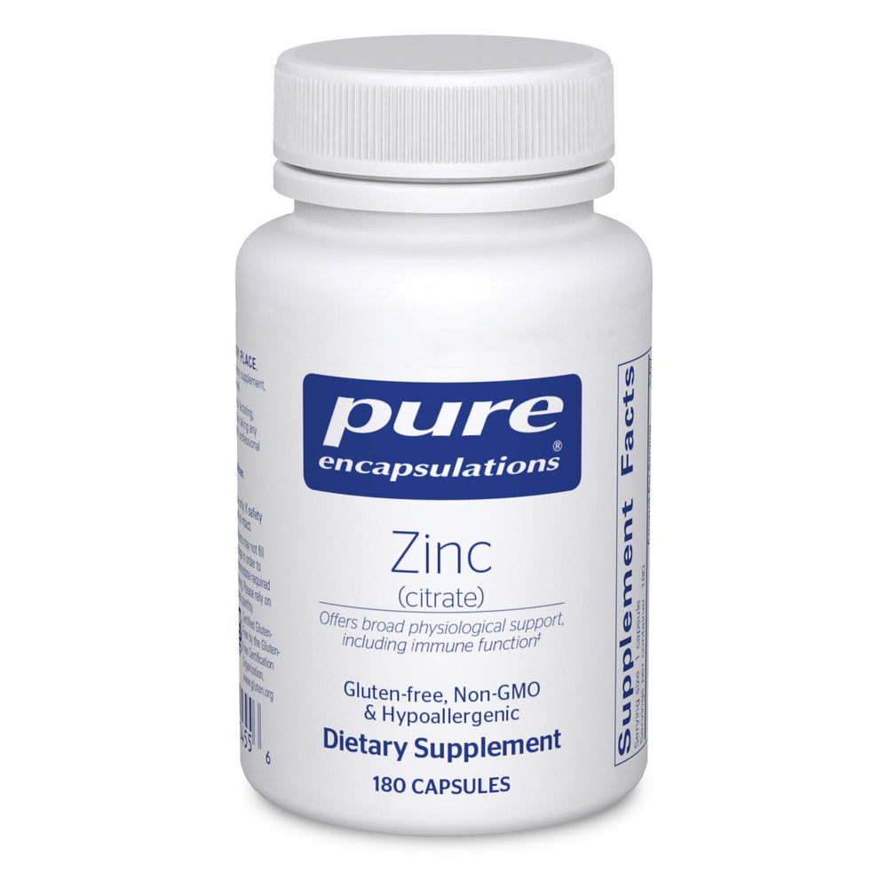 Pure Encapsulations Zinc citrate bottle with 180 vegan capsules for immune support.
