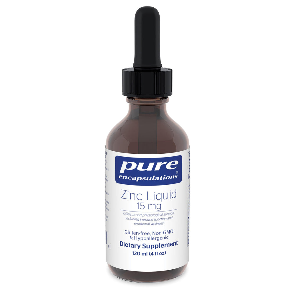 Pure Encapsulations Zinc Liquid bottle highlights hypoallergenic formula for immune support.
