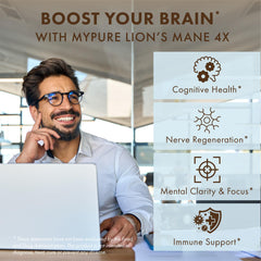 PURE ESSENCE LABS MyPure Lion's Mane extract graphic references dual extraction benefits for cognition.
