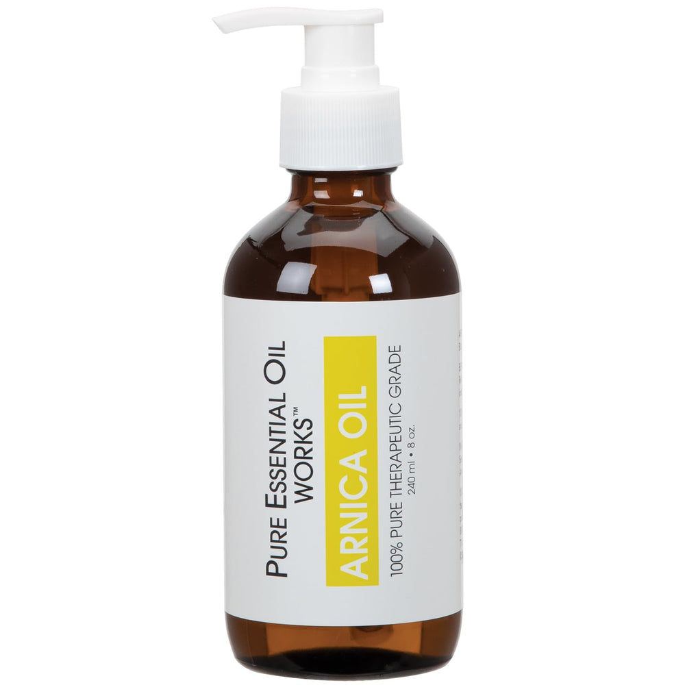 Pure Essential Oil Works Arnica Oil 8 oz bottle closeup for daily skin softening.