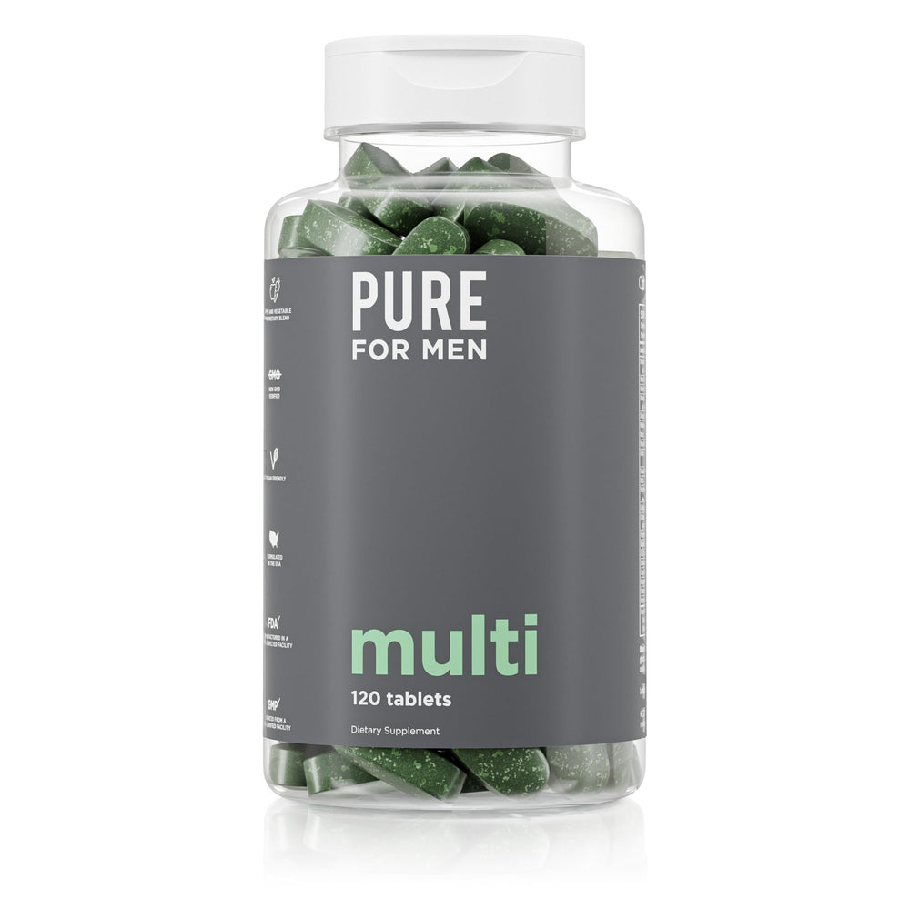 Pure for Men multivitamin bottle front for daily energy support.