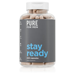 Pure for Men Stay Ready Fiber bottle close-up, highlighting plant-based cleansing support.
