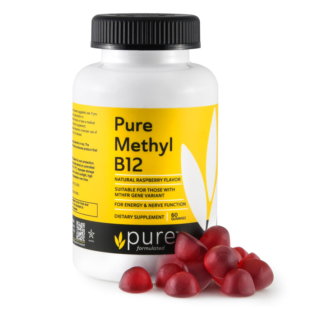 Pure Formulated Methyl B12 gummies bottle with raspberry flavor for energy support