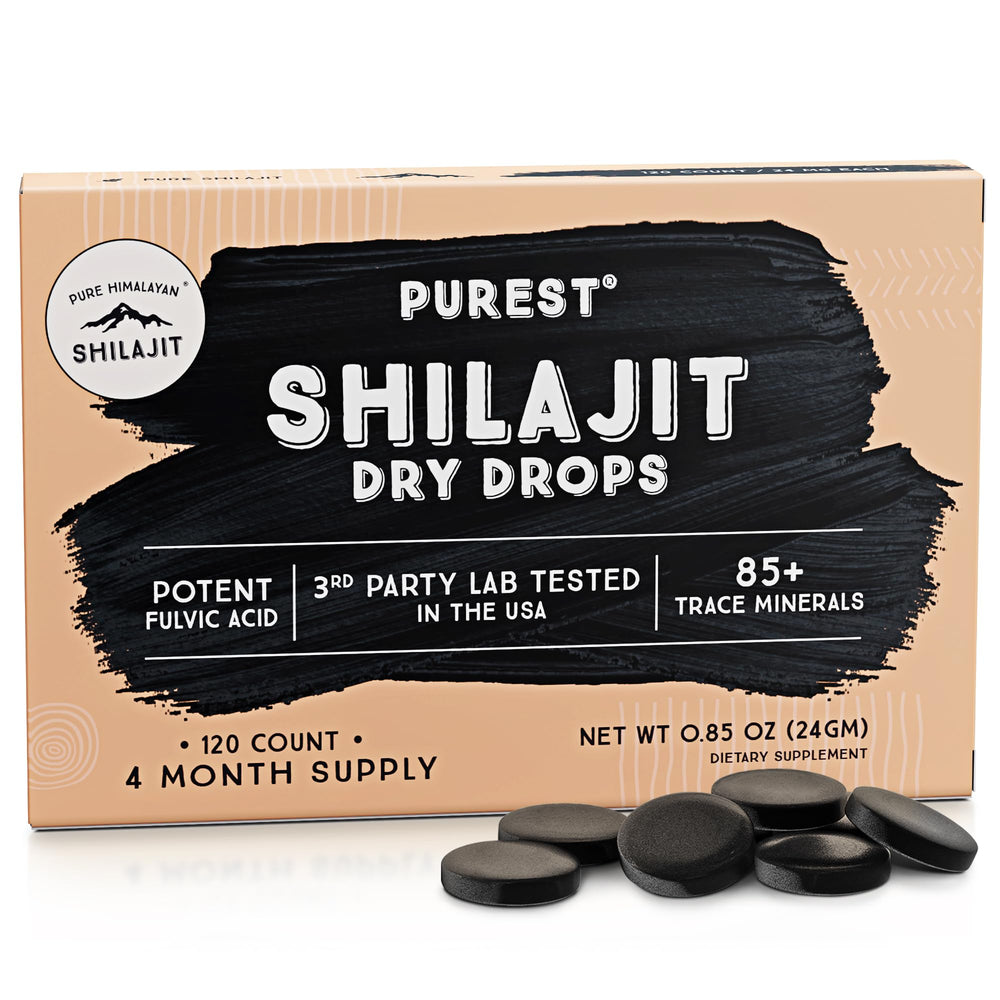 Pure Himalayan Shilajit Dry Drops bottle front for natural energy and mineral richness.