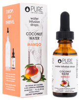 Pure Inventions Coconut Water Mango Coconut bottle shows premium glass packaging