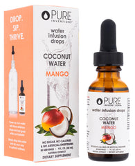 Pure Inventions Coconut Water Mango Coconut bottle shows premium glass packaging