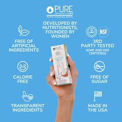 Pure Inventions Coconut Water Mango Coconut drops being poured into water for flavor