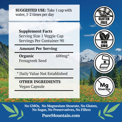 Pure Mountain Botanicals fenugreek capsules label side highlighting kosher vegan quality