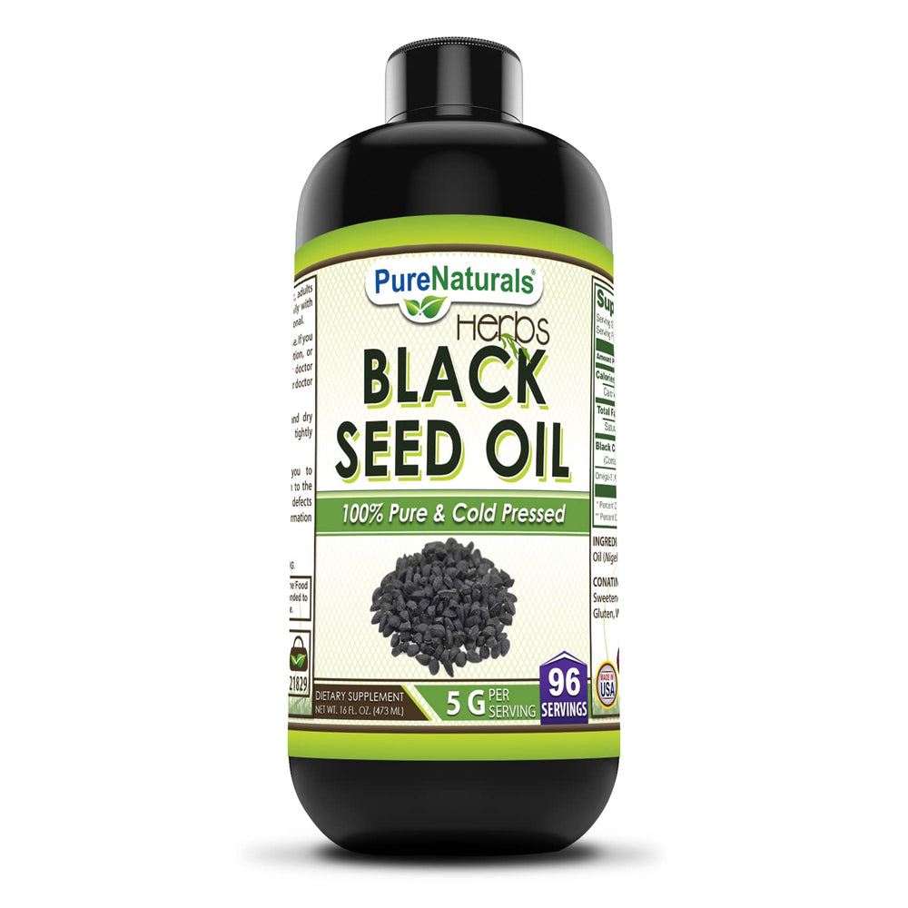 Pure Naturals Black Seed Oil bottle for daily wellness support in a 16 oz container.