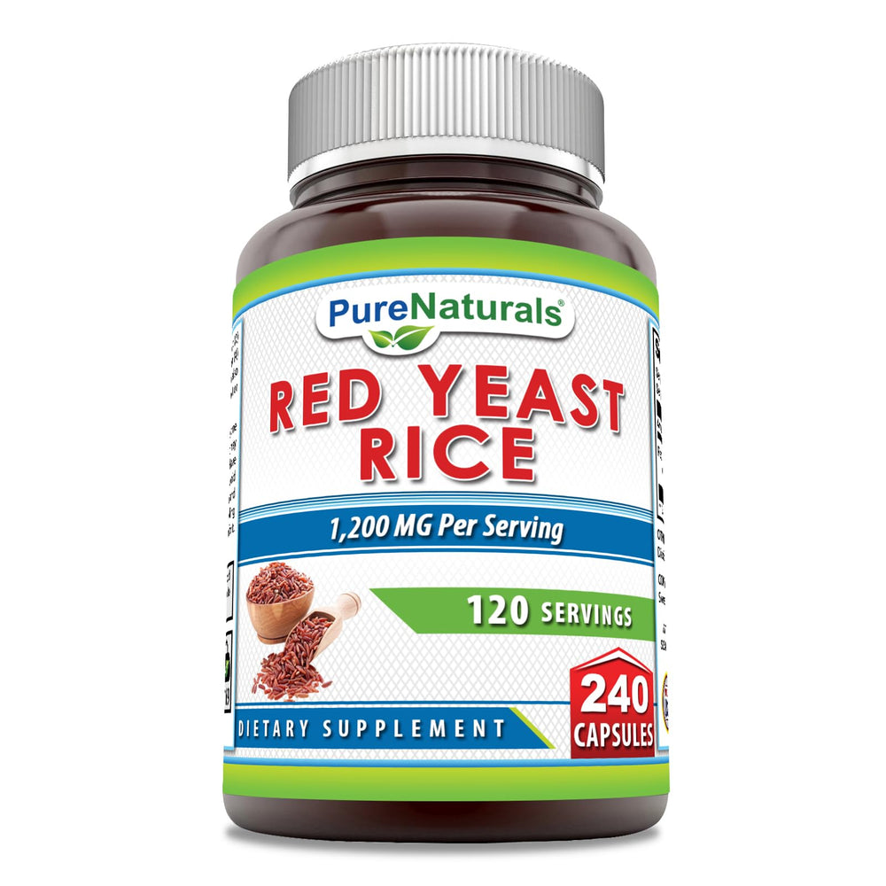 Pure Naturals Red Yeast Rice bottle highlighting 1200 mg per serving for cardiovascular wellness