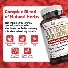 Pure Organic Elements Extreme Berberine Plus label showcases turmeric and cinnamon for immune and digestion synergy.