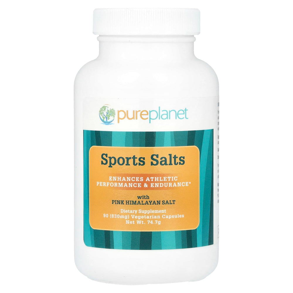 PURE PLANET Sports Salts bottle showcases plant-based electrolytes for workouts.