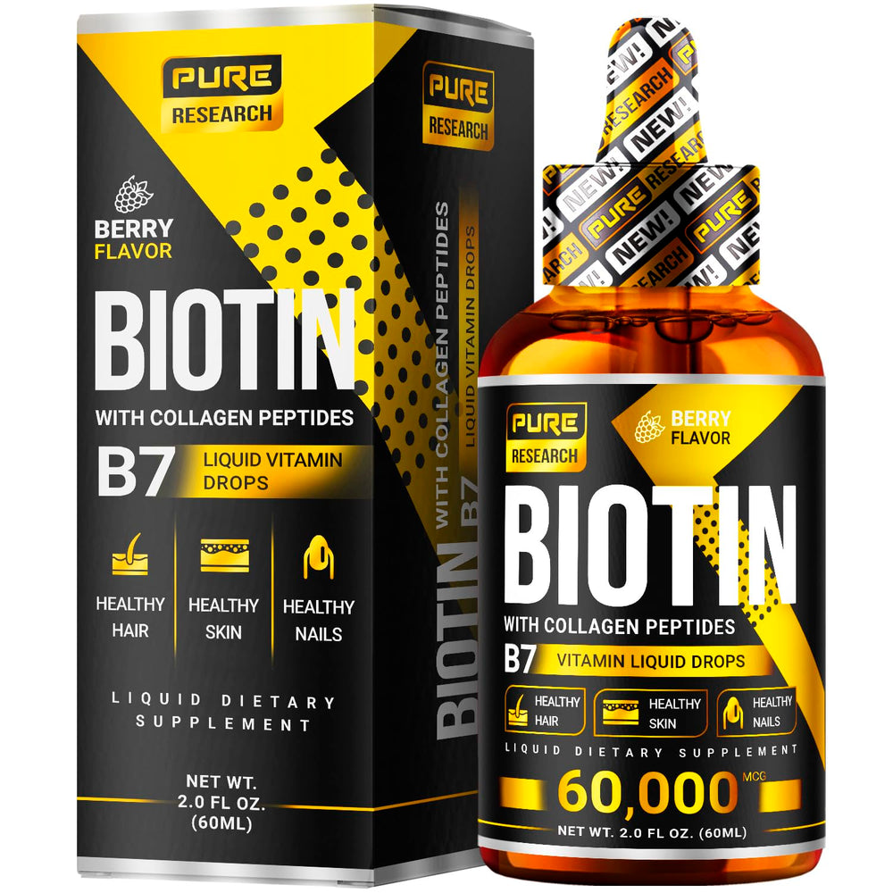 Pure Research liquid biotin-collagen drops bottle with berry flavor for hair and skin support
