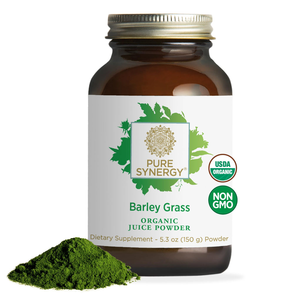 PURE SYNERGY Barley Grass Juice Powder bottle pour for easy daily energy.