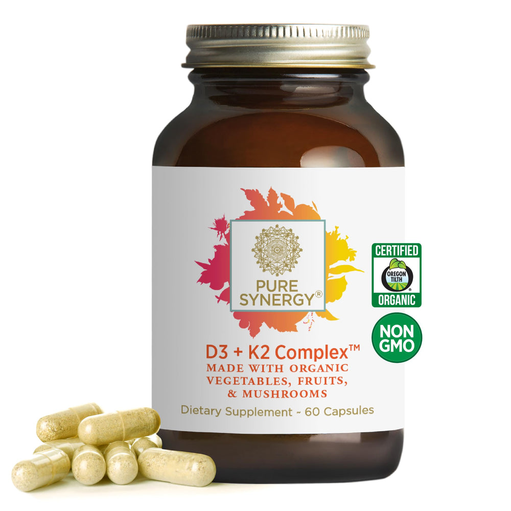 PURE SYNERGY D3 + K2 Complex bottle front showcases vegan D3 source for bone support.