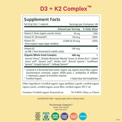 PURE SYNERGY D3 + K2 Complex label detail highlights organic ingredients and immune support.