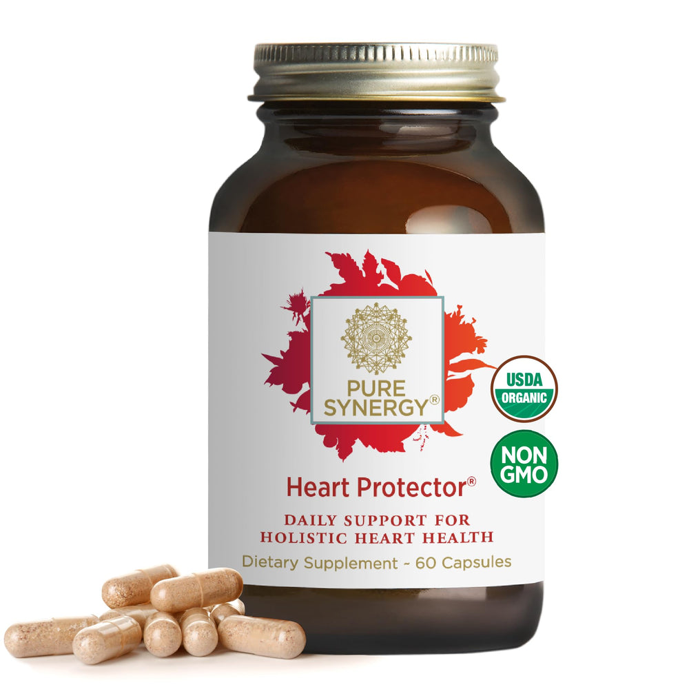 Pure Synergy Heart Protector bottle front highlighting organic heart-supporting ingredients